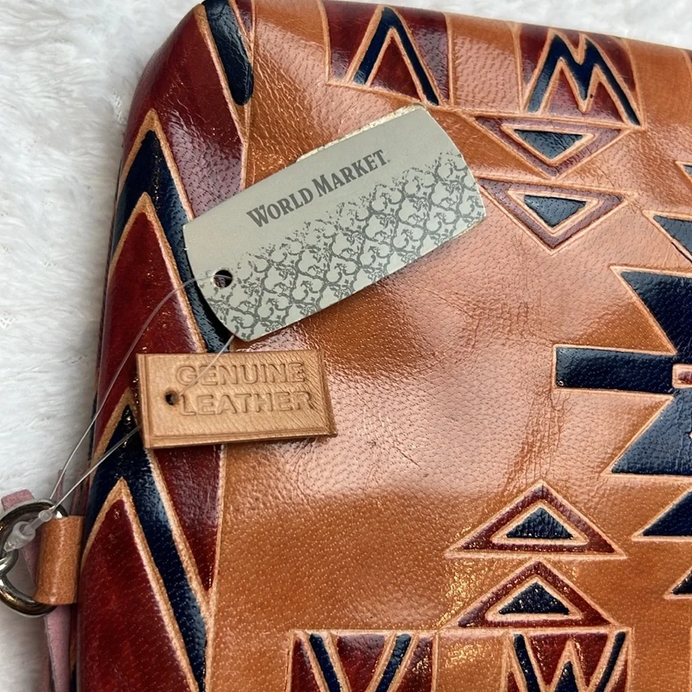 NWT’S World Market Genuine Leather Aztec Wrist Bag cognac, and red